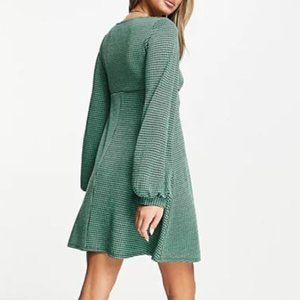 ASOS DESIGN mini babydoll dress Green Black Houndstooth print UK 12 / US 8 NWOT